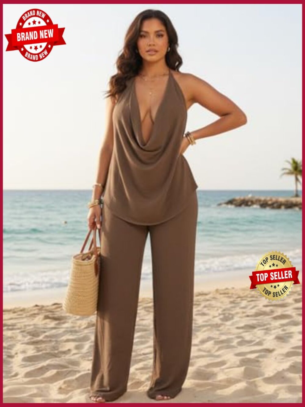 Cowl Neck Halter Top & Wide Leg Pants 2 Piece Set Sleeveless Summer Vacation - Picture 4 of 7
